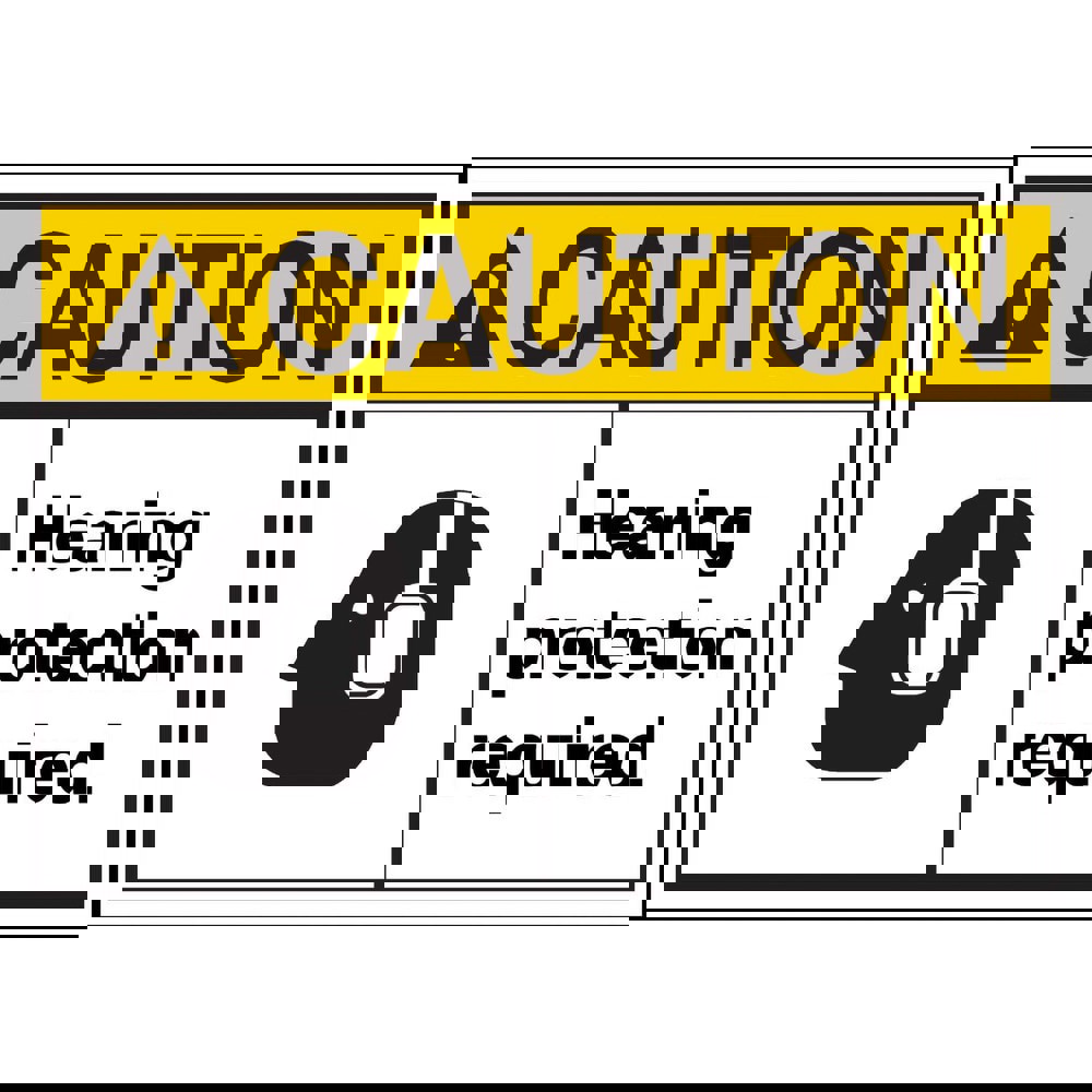 Safety Signs; Family: Safety Sign ; Sign Type: Exit; Facility; Security & Admittance; Fire; Visitor; Workplace ; Sign Header: CAUTION ; Legend: CAUTION Hearing protection required ; Message/Graphic: Message & Graphic